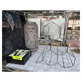 Decorative Ceramic Vase, Metal Rack, and Wooden Bo