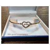 18K Gold over Brass Bracelet with Double Heart Des