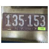 1917 New York License Plate with 135-153 Number