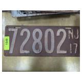 1917 New Jersey License Plate 72802