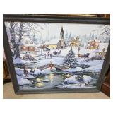 Framed Winter Village Scene Painting with Christma