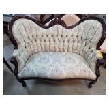 Victorian-Style Loveseat With Carved Mahogany Fram