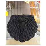 Black Beaded Evening Purse with Gold-Tone Frame an