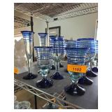 Handcrafted Blue-Rimmed Glassware with Spiral Desi
