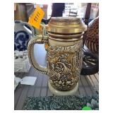 Ceramic Stein with Brass Lid and Embossed Scenic D