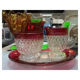 Ruby-Trimmed Diamond Pattern Glass Creamer, Sugar