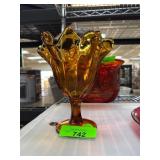 Amber Glass Pedestal Vase with Fluted Rim