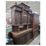 Ornately Carved Wooden Sideboard with Glass Panels
