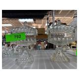 Pressed Glass Lidded Compote Dishes on Pedestals