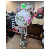 Hand-Painted Floral Glass Hurricane Lamp with Crys