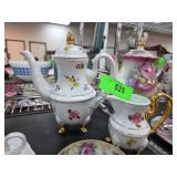 Floral Porcelain Teapot and Creamer with Gold Acce