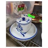 Hand-Painted Portuguese Ceramic Butter Dish and Pl