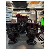 Ruby Red Glass Pitcher and Mugs Set with Textured
