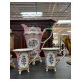 Porcelain Pink Floral Pitcher and Two Footed Cups