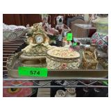 Decorative Cherub Clock, Floral Box, and Tray with