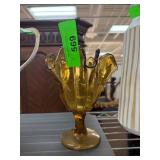 Amber-Colored Glass Vase With Ruffled Edge and Ped