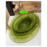 Green Pressed Glass Serving Platters with Floral a