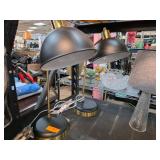 Two Black and Gold Desk Lamps with One Glass Table