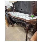 Carved Wood Console Table with Marble Top