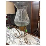 Glass Hurricane Candle Holder with Metal Scroll Ba