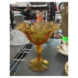 Amber Glass Compote with Ruffled Edge and Pedestal