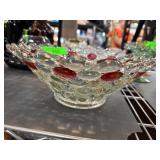 Clear Glass Bowl with Red Accents and Bubble Desig
