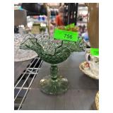 Green Pressed Glass Pedestal Compote Bowl With Sca