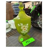 Green Frosted Glass Lidded Compote With Hand-Paint