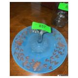Blue Glass Plate with Handle and Floral Design