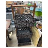 Three-Tier Wicker and Wood Storage Rack with Handl