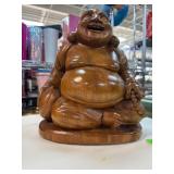 Hand-Carved Wooden Laughing Buddha Figurine