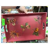 Red Decorative Tray by Trac with Floral Hand-Paint