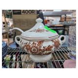 Brown Floral Ceramic Covered Soup Tureen With Ladl