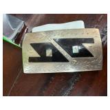 Silver-Toned Belt Buckle with Inlaid Black and Aba