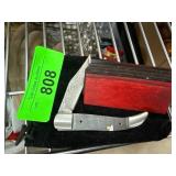 Pocket Knife with Damascus Blade and Display Stand