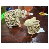 Carved Soapstone Elephant and Rabbit Figurines wit