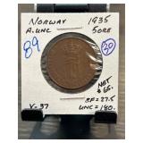 1935 Norway 5 Ore Coin in AU Condition