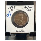 1939-D Lincoln Wheat Cent, AU-58
