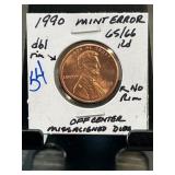 1990 Mint Error Off-Center Penny