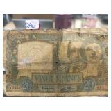 French 20 Francs Banknote with Signs of Wear