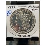 1881 Morgan Silver Dollar AU/UNC Detail
