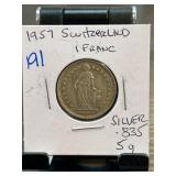 1957 Switzerland 1 Franc Silver Coin