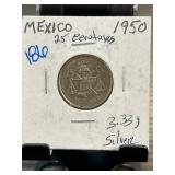 1950 Mexico 25 Centavos Coin in Holder
