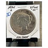 1934-S Peace Silver Dollar VF Condition