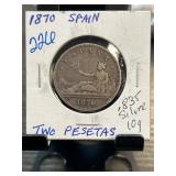 1870 Spain Two Pesetas Silver Coin