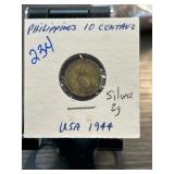 1944 Philippines 10 Centavo Coin in Holder