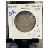 1958 Austria 10 Schillings Silver Coin