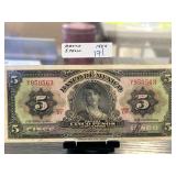 1954 Mexico 5 Pesos Banknote