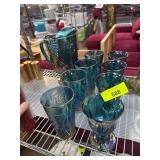 Blue Iridescent Pitcher and Glass Set with Grape M