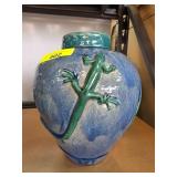 Blue Ceramic Vase with Green Lizard Motif